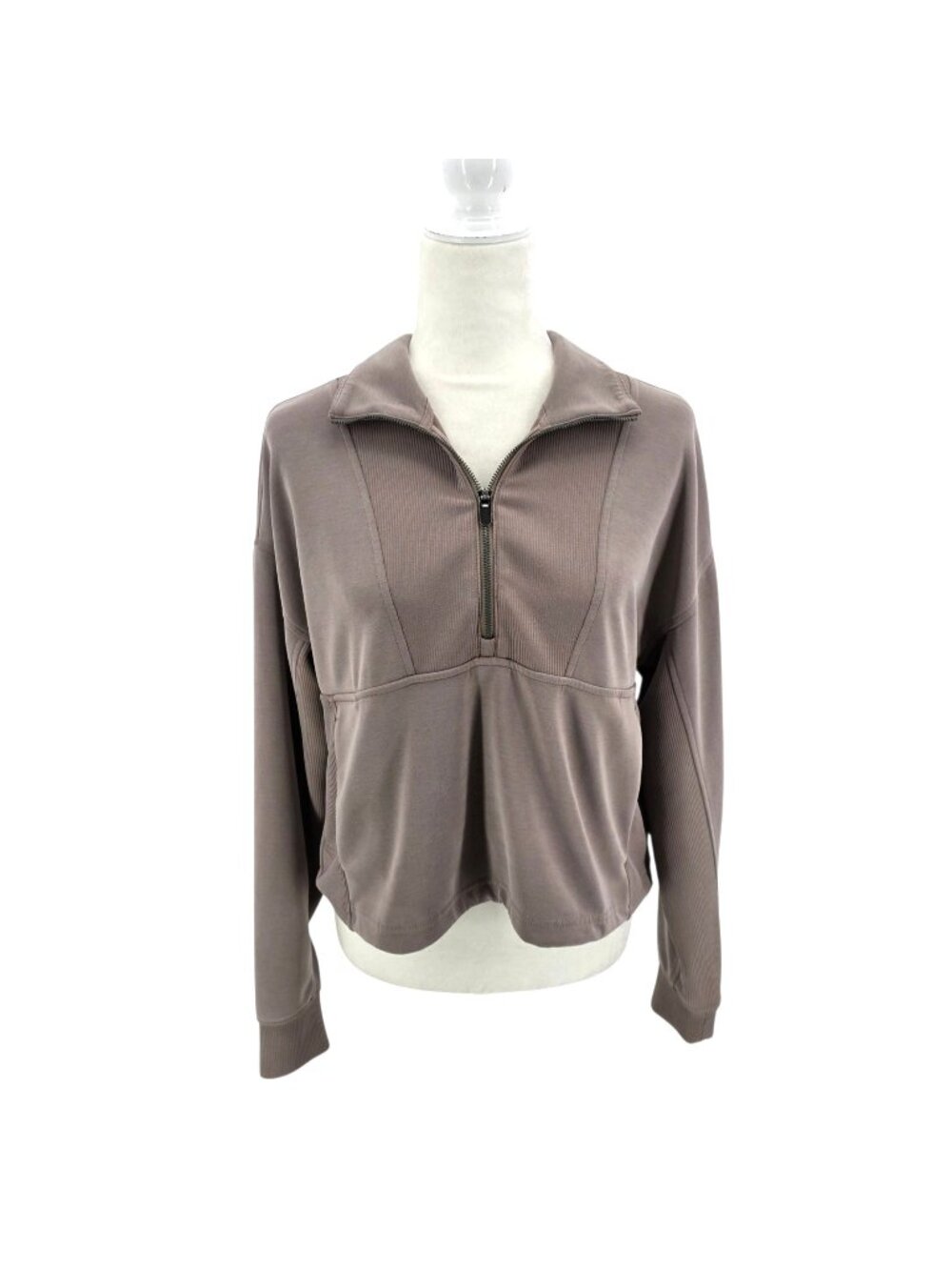 Athleta Womens Small Sweatshirt Seasoft Rib 1/4 Zip Popover Taupe Long Sleeve